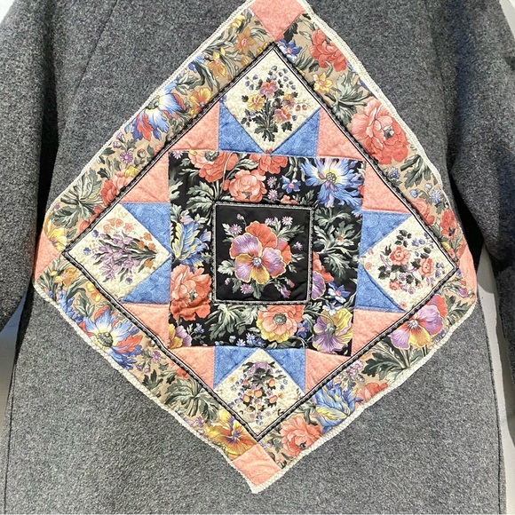 Upcycled quilted FOLK back detailing boho wool vintage jacket w farmhouse vibe - Picture 5 of 12